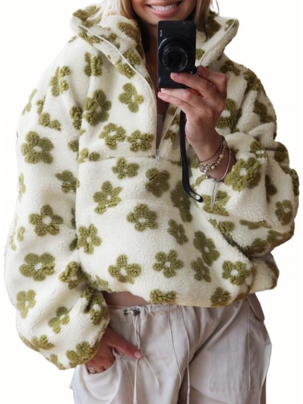Women’s Green Floral Faux Fur Fleece Pullover Y2k Sherpa ZIP Winter Jacket